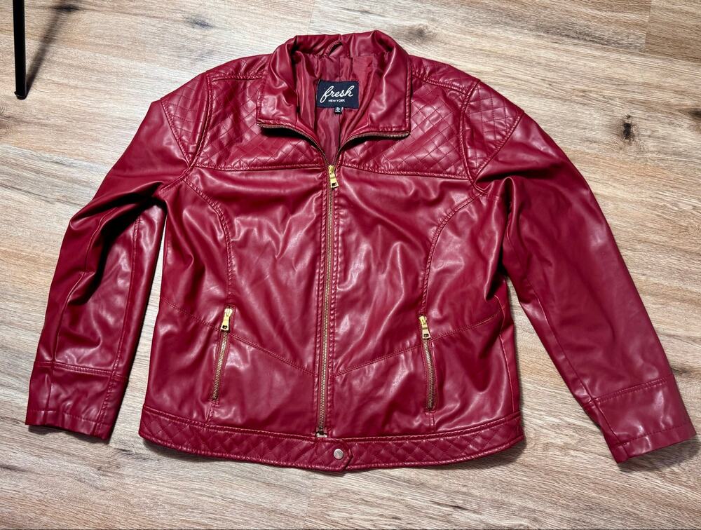 Fresh New York Red Faux Leather Moto Jacket Womens XL Quilted Biker Gold Zip
